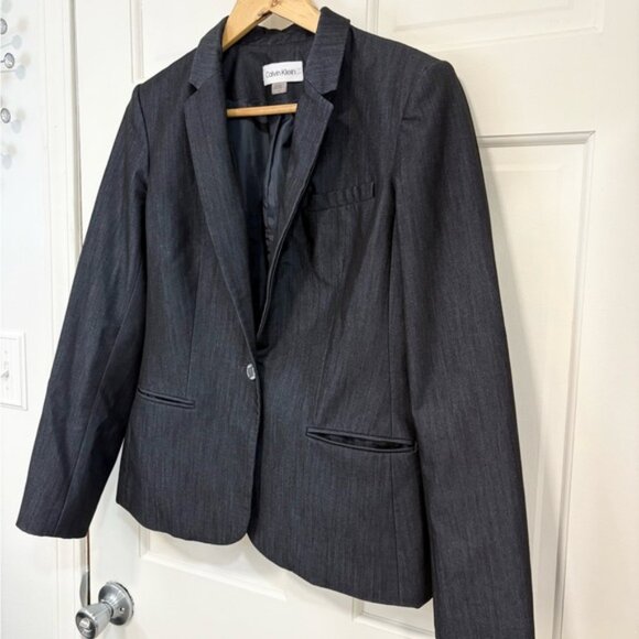 Calvin Klein Womens Navy Blue Blazer Suit Jacket 1 Button Subtle Pin Stripe 6 - Picture 2 of 14